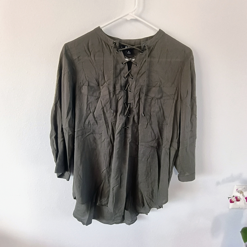 A.N.A Petite Olive Green Lace Up Blouse Boho Chic Flowy Top PL
